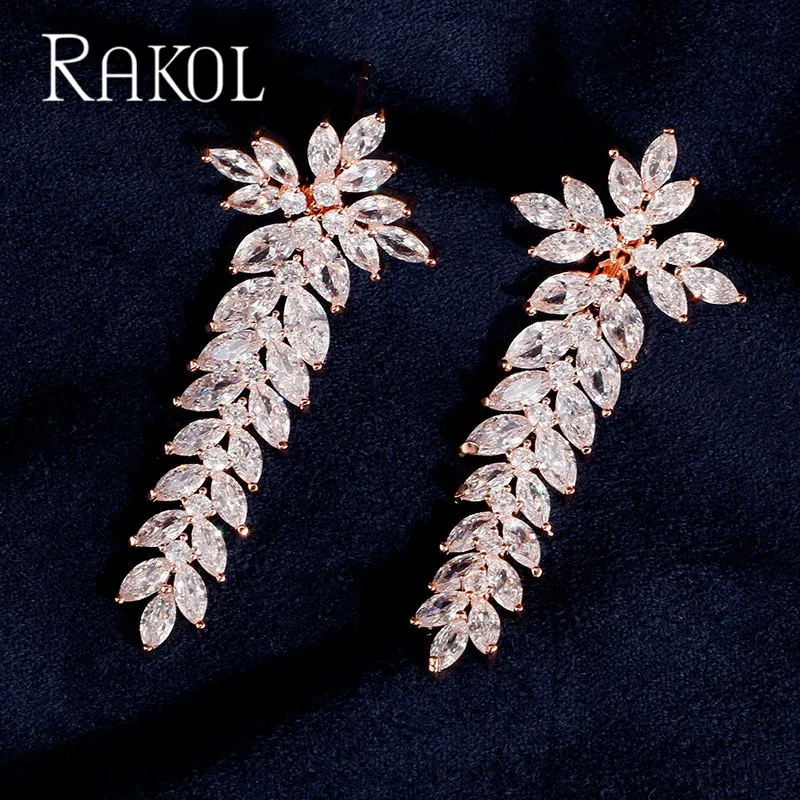 Rose Gold Earrings RAKOL, винтажный, элегантный, кубический циркон, женский, ожерелье, серьги, ювелирный набор, модный, Свадебный, для невесты, свадебное платье, аксессуары RS03051 - Окраска металла: Rose Gold Earrings