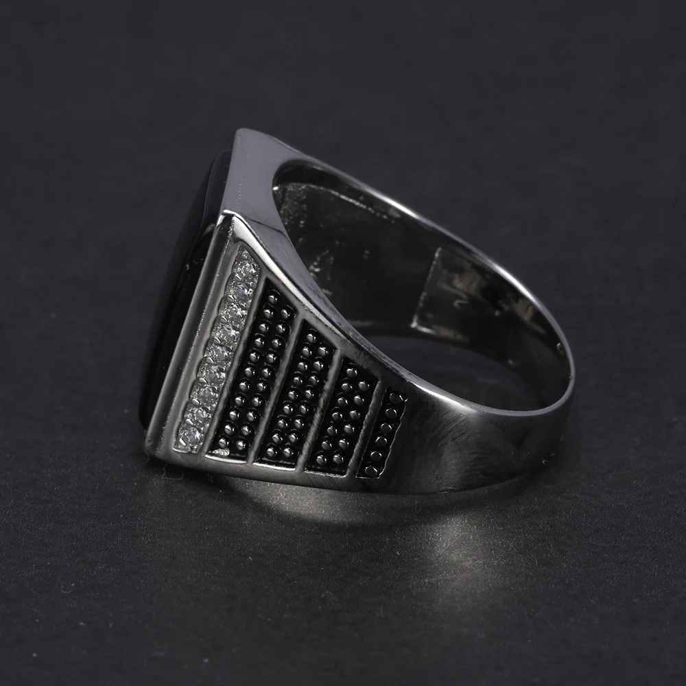 Guaranteed Silver s925 Vintage Mens Rings Natural Black Stone Turkey Ring For Gentlemen Micro Zircon Paved Turkish Jewelry