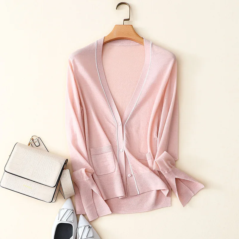 

Ka sana Autumn Woolen Fabric Thin Cashmere Wool V-neck Cardigan Versitile Fashion Contrast Color Split Cuff Knit Coat Cardigan