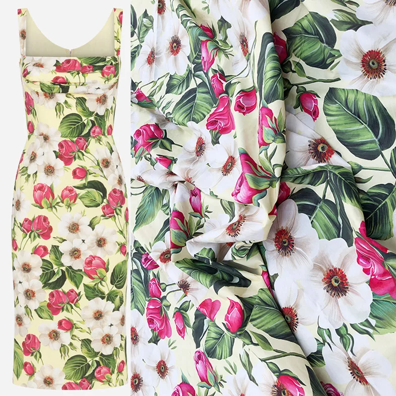 145cm Width Fashion Sicily Rose Flower Cotton Or Imitate Silk Satin Fabric For Woman Dress Blouse Stoffa Tuch Ткань Tela Cloth | Дом и