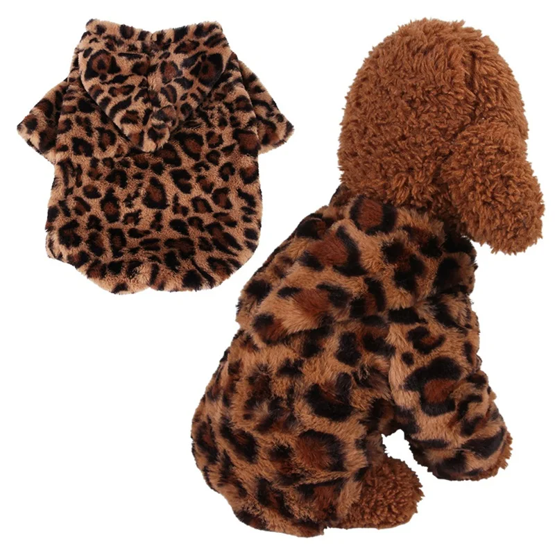 

Pet Warm Fluffy Clothes Coat Leopard Print 2-legged Hooded Costume Jumpsuit For Cold Weather