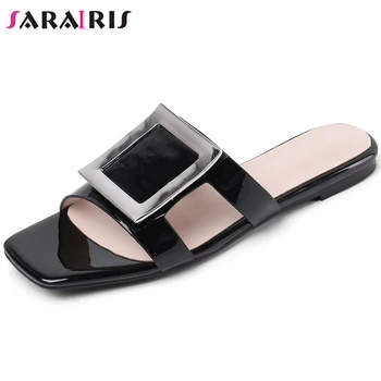 

SARAIRIS Brand Lady Summer Slippers Square Toe Metal Slip On Slippers Women Casual Handmade Fashion Consise Shoes Woman