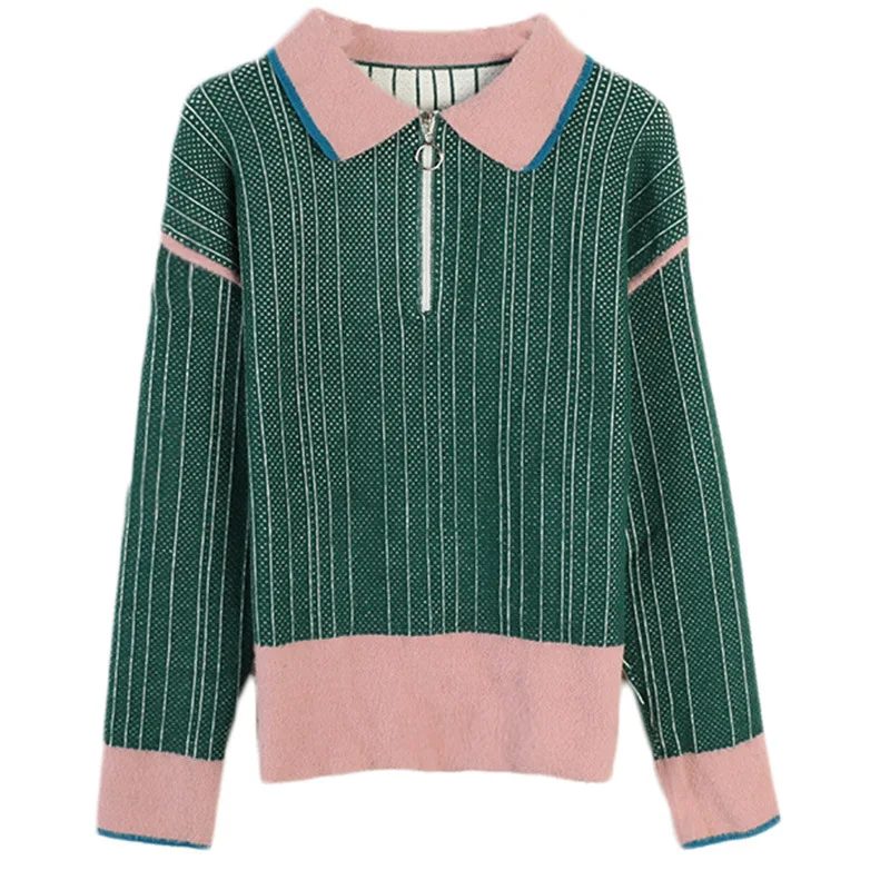 

Casual Zipper Sweater Women Solid Spring Autumn Female Knitted Sweater Pullovers Long Sleeve Chic Soft Jumper Turn-down Collar