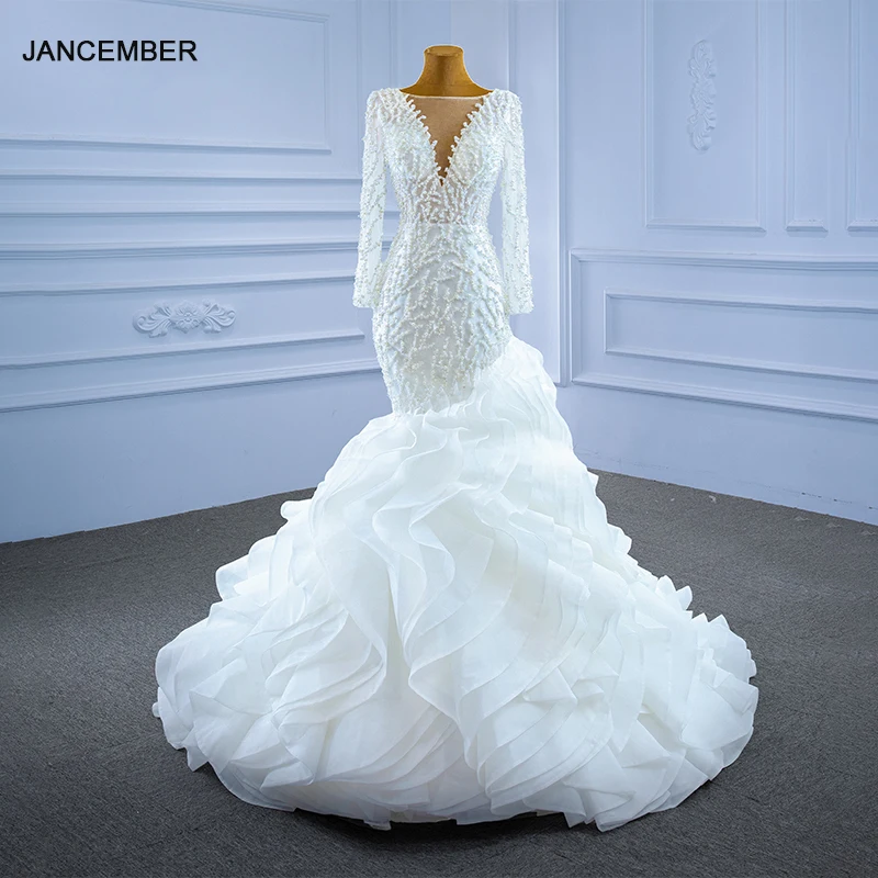 RSM67269 ​White Pearl Lace Wedding Dress Bridal Wedding 2021 New V-neck Ruffles Long Sleeve Slim Dress Trajes De Novia 2021 1