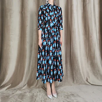 

Autumn High Quality New Women'S Fashion Party Causal Vintage Elegant Girl Ballet Print Lapel Slim Chiffon Long Dress