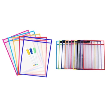 

30 Pcs School Supplies: 20 Pcs Transparent Pvc Dry Erase Pockets with Pens & 10Pcs Multi Colored Dry Erase Pockets