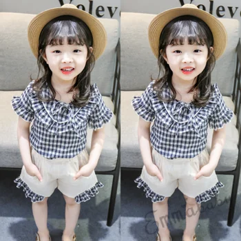 オンライン 夏女の赤ちゃんチェック柄tシャツトップ & パンツショーツ服衣装