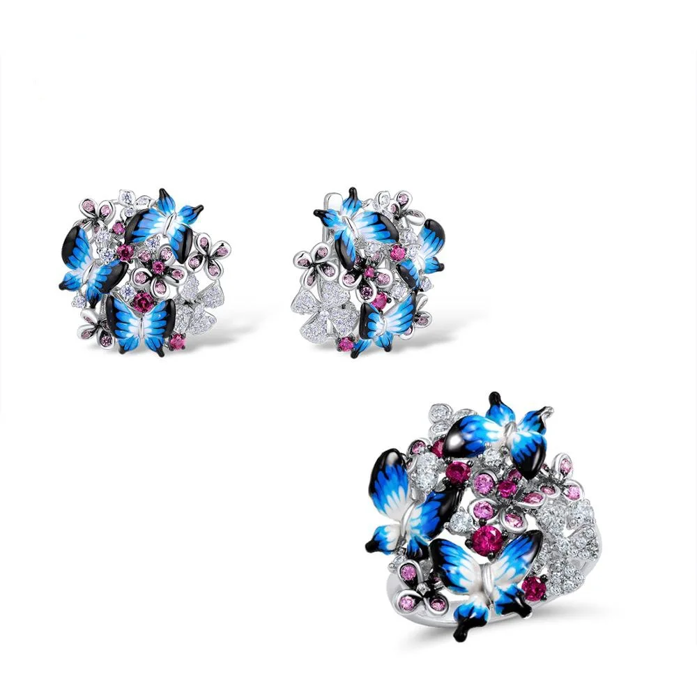 MOONROCY серебряный цвет кольцо и серьги Винтаж комплект ювелирных изделий Богемия CZ синяя бабочка для женщин подарок Прямая поставка