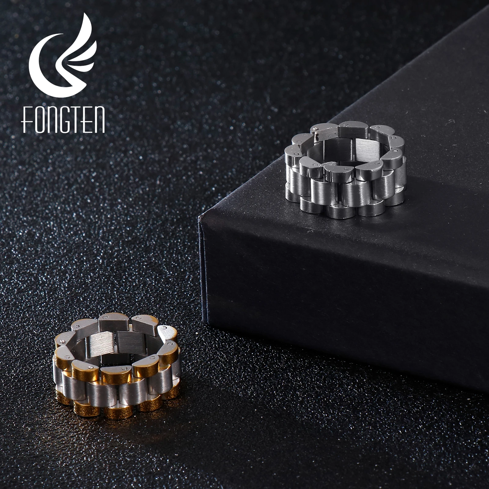 

Fongten Retro Watch Link Chain Men Ring Stainless Steel Sliver Gold Black Blue Punk Man Ring Biker Fashion Jewelry