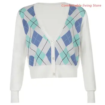 

Women Long Sleeve Argyle Plaid Knitted Cardigan Deep V-Neck Button Sweater Coat