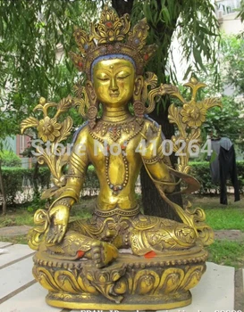 

]Chinese Tibet Bronze Gild Gilt Green Tara Kwan-yin Buddhism Classic Statue