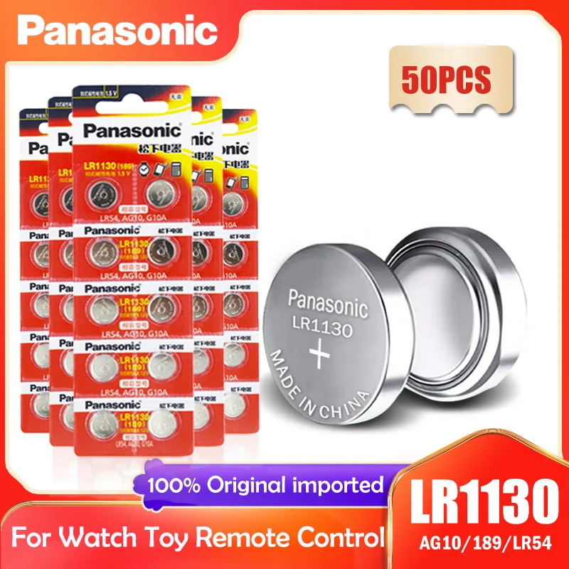 50 Uds Panasonic LR1130 LR 1130, 1,5 V, pila de botón de 189 AG10 V10GA L1131 SR1130W SR1130 389 LR54 SR54 reloj Batería alcalina