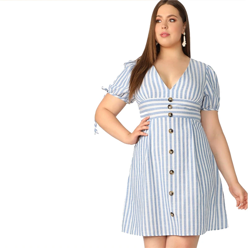 Plus Size Blue Deep V Neck Button Front Tied Cuff Striped Dress Women Summer A Line Boho High Waist Plus Size Dress
