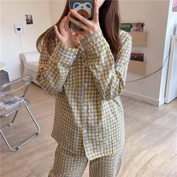 

Alien Kitty Sweet Autumn Leisure Gentle Women Plaid Long Sleeve Pants Pajamas 2020 Chic Fashion Lapel Single Breasted Home Suit