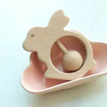 

Cute Baby Teether Rattle DIY Children Wood Cartoon Animals Rabbit Teething Toys F3ME