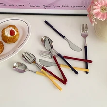Ins Style Beautiful Dessert Cake Fork Fruit Spoon Long Handle Stainless Steel Net Red Knife Fork Spoon Three Sets Dinnerware