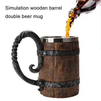 

550ml Simulation Crude Wood Beer Mug Stainless Steel Resin 3D Beer Goblet Skull Knight Wine Mugs Tea Coffee Cup Kitchen Bar Tool