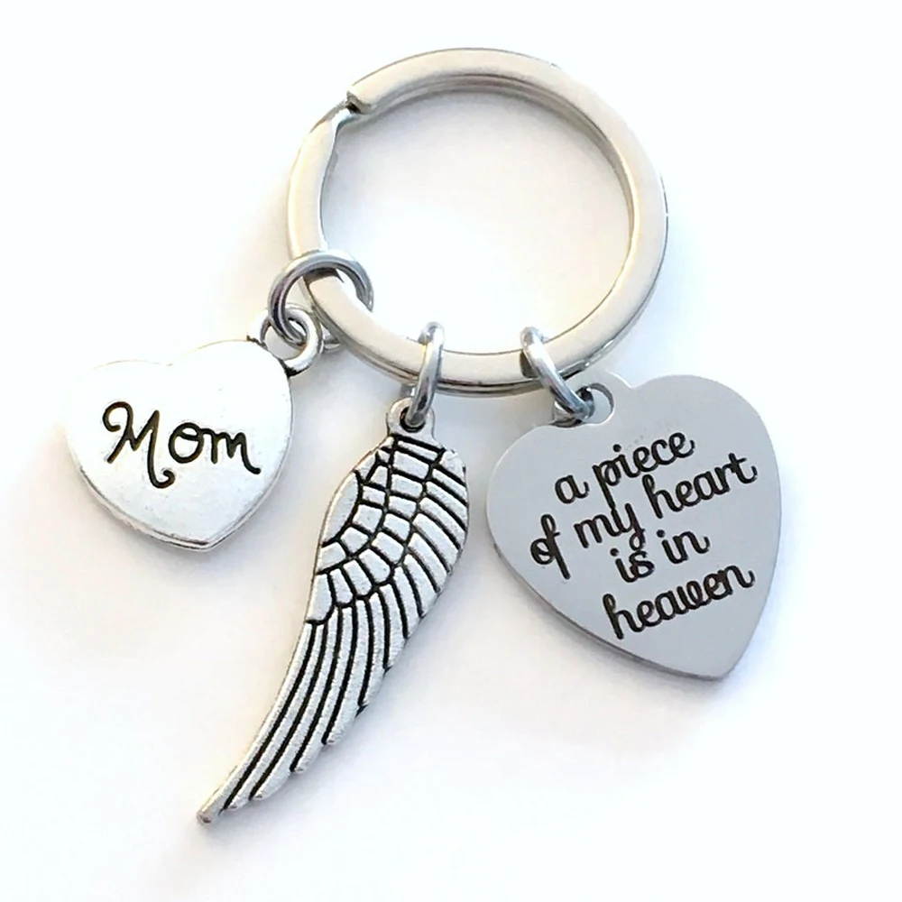 Initial Memorial Key Chain with Wing,  A Piece of My Heart Is In Heaven Sympathy Gift Keychain, Loss of Mom Dad Son Daughter