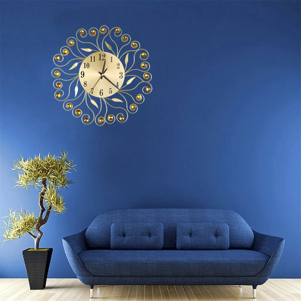 European Retro Wrought Iron Silent Wall Clock Creative Decorative Clock Flower Inlaid Diamond British Wall Clock Home Decor