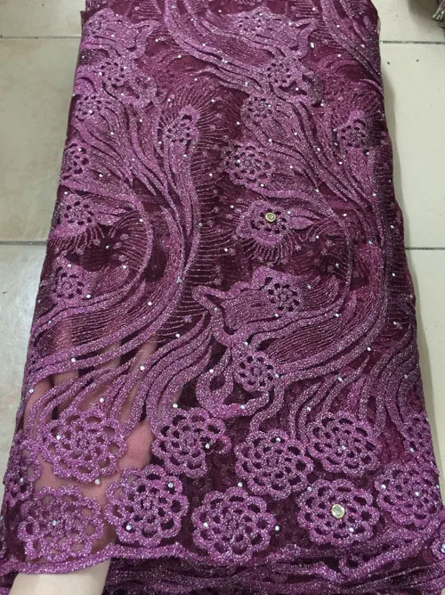 

High Quality African Lace Fabric French Net Embroidery Tulle Lace stones Fabric For Nigerian Wedding Party Dress wine ESH074