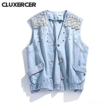 

2020 Spring Autumn New Denim Vest Women Korean Sleeveless Heavy Nail Bead Loose Jean Vest