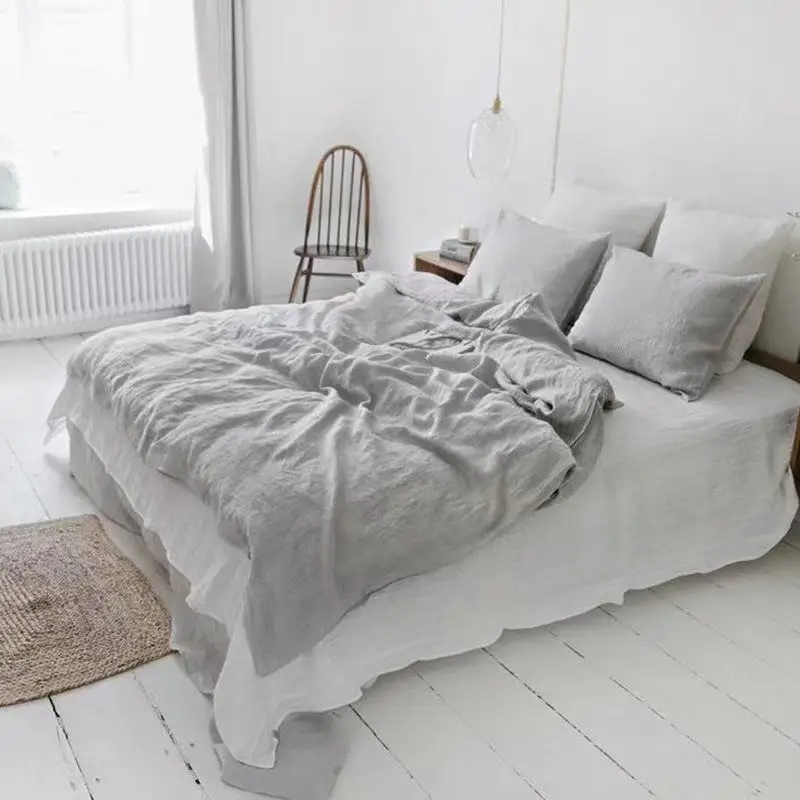 

100% Pure Linen Bedding Set,Light Grey 1 Duvet Cover And 2 Pillowcases Set,Queen King Full Size Quilt Cover Set,Home Textile