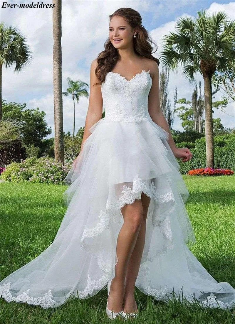 

Hi-Lo Beach Wedding Dresses 2019 Sweetheart Appliques Tiered Soft Tulle A-Line Bridal Gowns Bride Dresses Vestido De Noiva