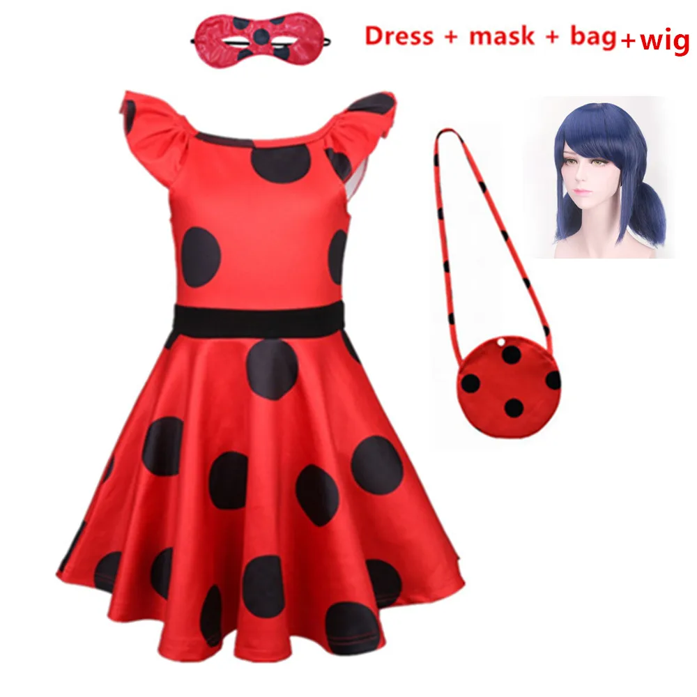 Dress mask bag wig Fantasia Spandex Ladybug Costumes kids dress cosplay Christmas party girls children lady bug Zentai Suit halloween costume wig - Цвет: Dress mask bag wig