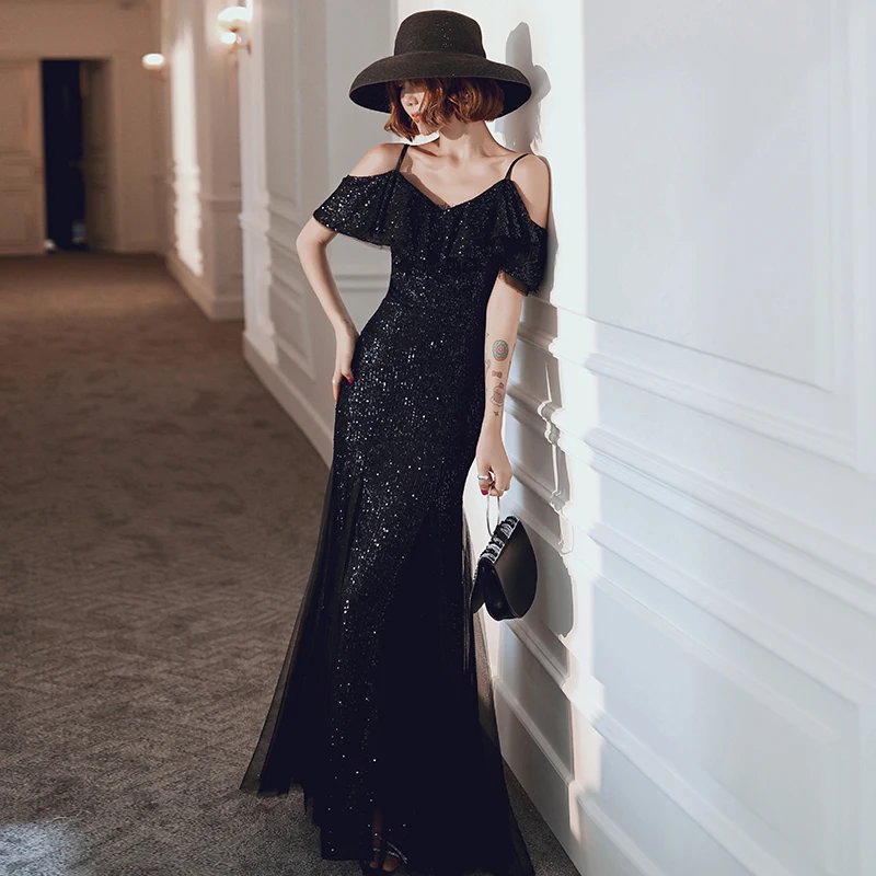 It's YiiYa Formal Dress V-Neck Short Sleeve Spaghetti Strap Women Party Dresses Mermaid Sequined Solid Robe De Soiree K116