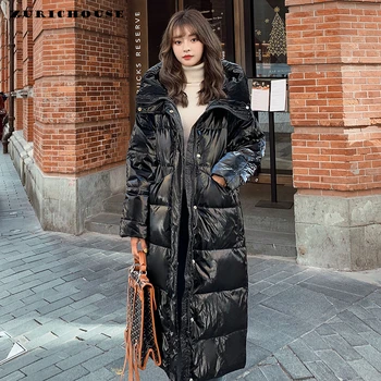 

ZURICHOUSE 2020 Winter Jacket Women Long Puffer Bubble Coat Fashion Glossy Black Thick Warm Loose Hooded Women's Parka