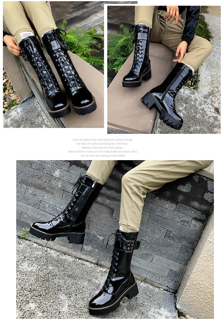 Punk Style Women's Chunky Heels Platformed Combat Boots Woman Lace up Buckled Strap Street Motorcycle Boots 43 sapato feminino
