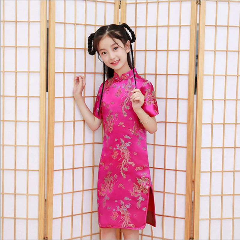 사랑스러운 소녀 부드러운 새틴 cheongsam 드레스 귀여운 공주 소녀 드레스 키즈 파티 공 가운 드레스 새해 cheongsam 의류