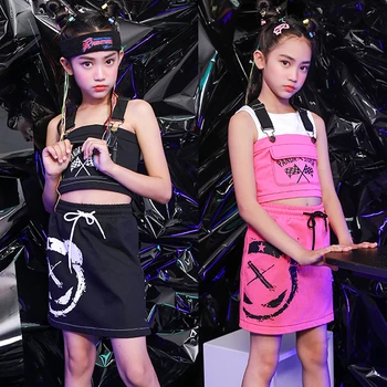 

Jazz Dance Costumes Denim Vest Skirt Girls Cheerleader Costume For Kids Street Dancing Clothes Stage Performance Wear DN5011