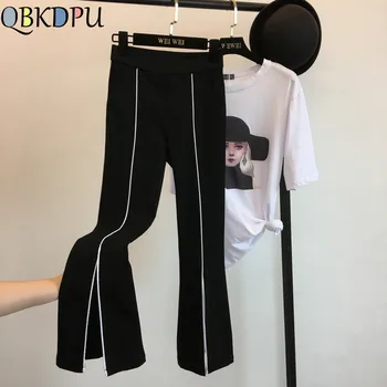 

Plus Size Women Elastic High Waist Pants Fashion Spring Stretch Long Pants Black Contrast Color White Split Slim Flared Trousers