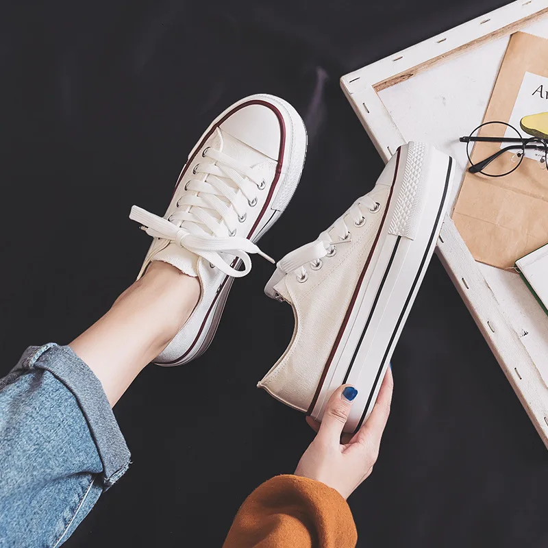 Осень 2019 Студенческая женская обувь с рифленой подошвой парусиновая для отдыха