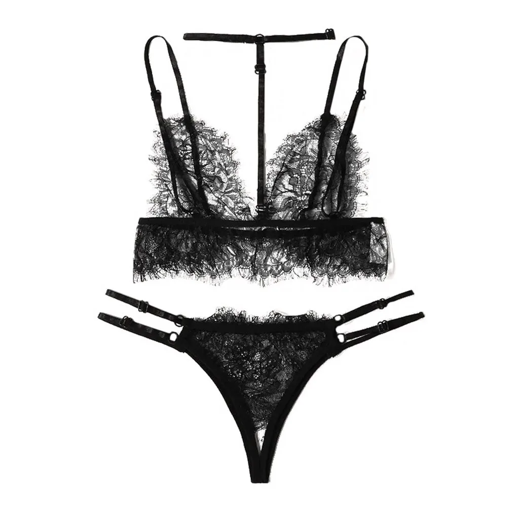 Black Сексуальное женское белье Ropa Interior Femenina, женский кружевной бюстгальтер с v-образным вырезом и бретельками, стринги с открытой промежностью, Черное Нижнее белье Lenceria Transparente - Цвет: Black