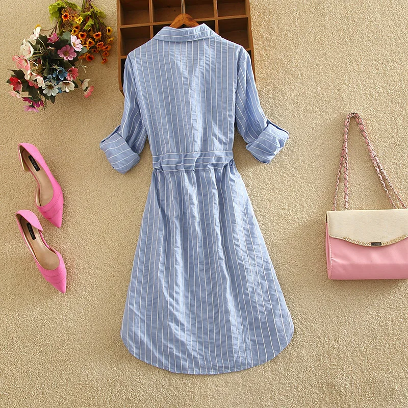 Foxmertor модное женское платье, вечерняя рубашка с длинным рукавом, новинка, свободные большие размеры, синие белые платья в полоску с отворотом, тонкое платье