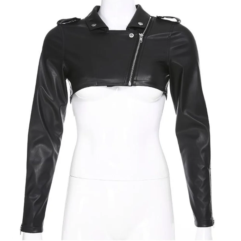incredible  Autumn Black PU Leather Cropped Jacket Women Long Sleeve Slim Crop Top Winter Coats Streetwear Shor