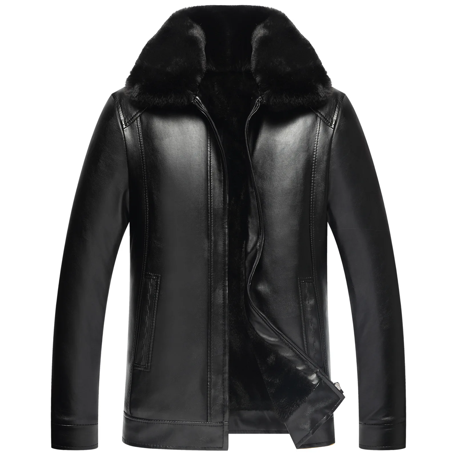 

2019 New Style Middle-aged Winter Men'S Wear Brushed And Thick Men's Loose-Fit Middle-aged MEN'S Outerwear Leather Jacket plus V