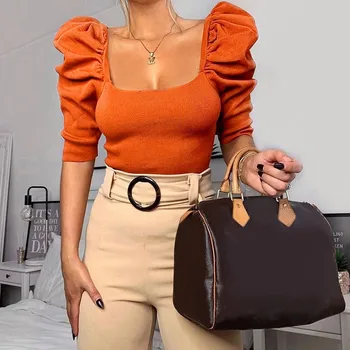 

Ahagaga 2020 Sexy Slim Puff Sleeve Cropped Shirt Women T-shirt Tops Casual Streetwear Solid Orange Black Basic Tee Women T Shirt