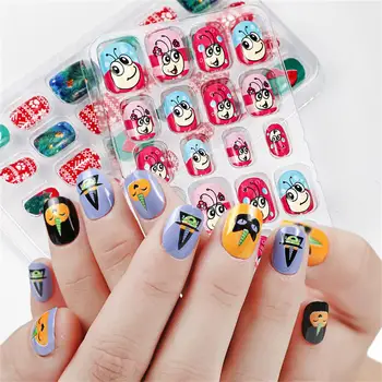 

24Pcs/Set Candy False Nail Tips Press On Children Cartoon Full Cover Kid Glue Self Fake Nail Art for Girls DIY Manicure Tool
