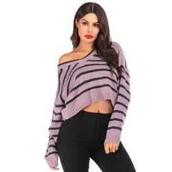 2019 новый осенний Модный Полосатый свитер женский v-образный вырез с длинным рукавом короткий пуловер свитер Свободный Вязаный топ