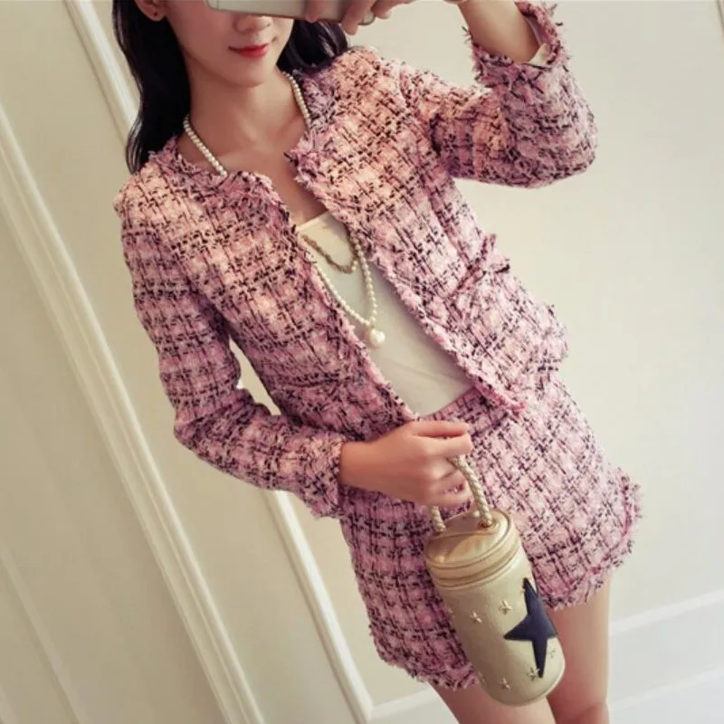 

2019 New Runway Autumn Winter 2 Piece Set Women Tweed wool Slim Plaid Short Set Fringed Trim Jacket Coat + Tassels Short Suits