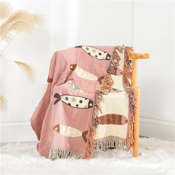 

100% Cotton Tassels Sofa Towel Cartoon Fish Knitted Throw Blankets Bedroom Decor All Wrapped Universal Couch Blankets