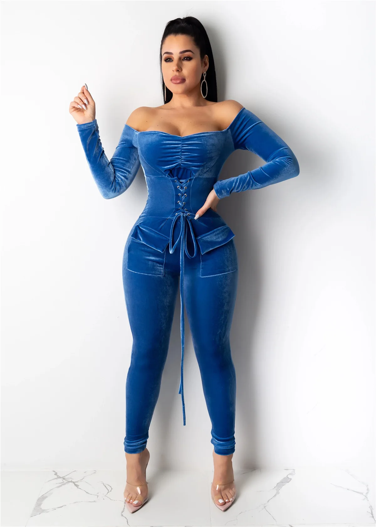 blue jumpsuit Рождественский красный вельветовый комбинезон с ремнем на шнуровке, сексуальный комбинезон с длинным рукавом на одно плечо, обтягивающие вечерние наряды в винтажном стиле, S-XXL - Цвет: blue jumpsuit