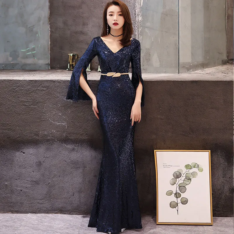 navy blue Вечернее платье с длинными рукавами, расшитое блестками,, Новое Элегантное Серебряное Вечернее платье в пол с v-образным вырезом для выпускного вечера, вечерние размера плюс - Цвет: navy blue
