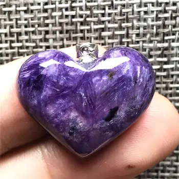 

Natural Heart Purple Charoite Necklace Pendant Jewelry For Woman Man Love Crystal 25x7mm Beads 925 Silver Sterling Jewelry AAAAA