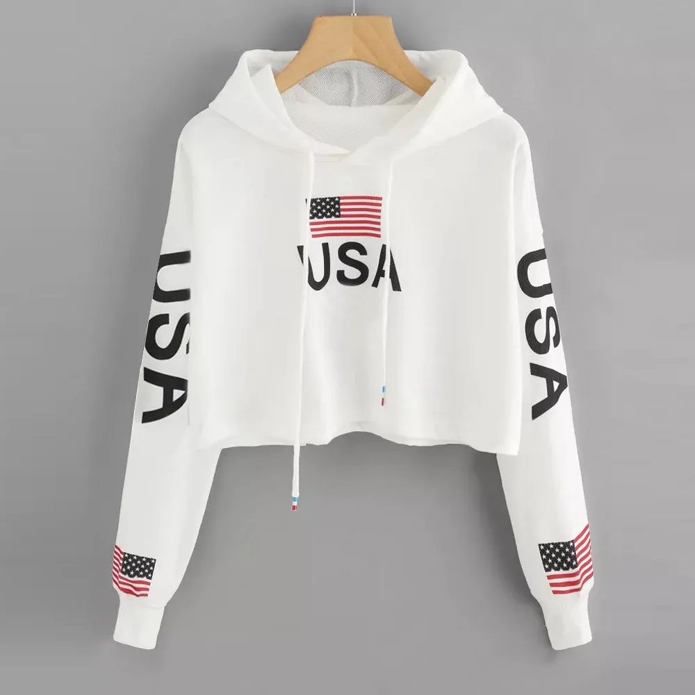 JAYCOSIN Fashion Women Sweatshirt Casual Drop Shoulder American Flag Print Cool Chic Comfortable Pullover Tops Blouse