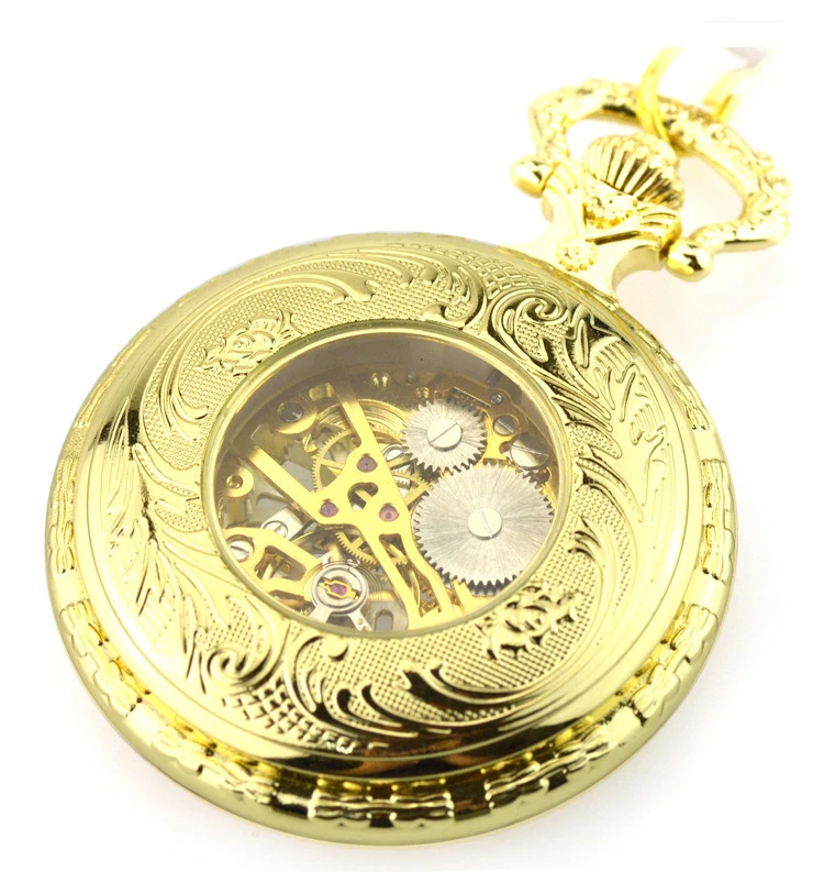 Luxury Fashion Steampunk Hand Winding Mechanical Pocket Watch Roman Numerals Skeleton Watches with FOB Chain for Men Women