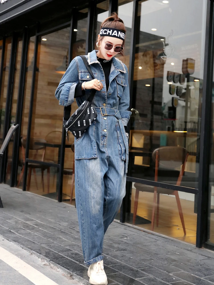 Sale Real Sweatpants Pants Women New Palazzo Pantalon Mujer Spring Retro Old Washable Lapel Tooling Jumpsuit Trousers Loose